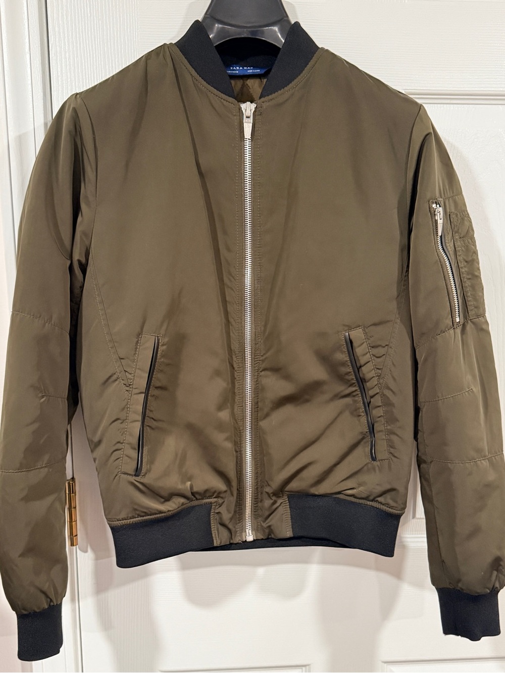 Zara Olive Green Bomber Jacket with Black Trim